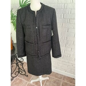 Jaclyn Smith Skirt Suit Women 12 Black Excellent Tweed Metallic Fringe 2pc Set